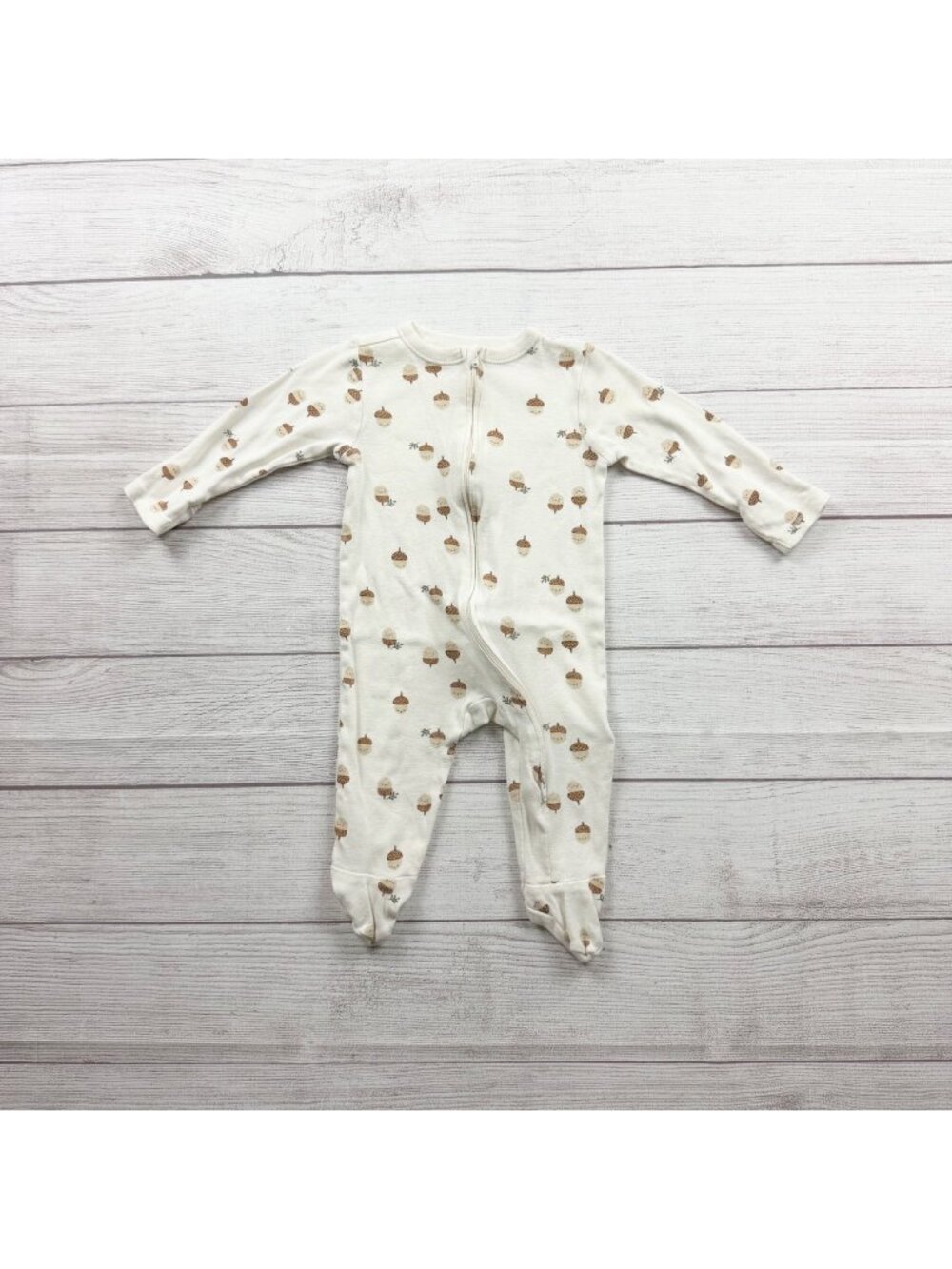 Old Navy Footed Sleeper Acorn Print Cream 2-Way Zipper Long Sleeve 6-9 Months